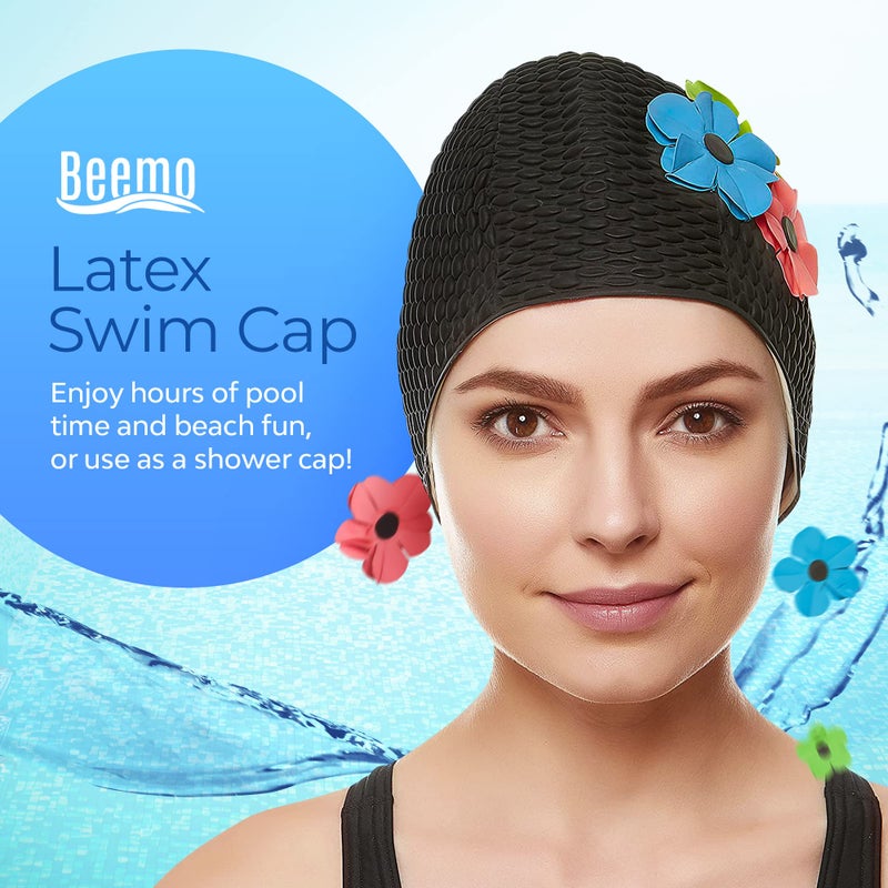 Beemo Latex Swimming Cap for Women, Swim Cap for Long Hair or Short Hair, Bath & Swim Caps to Shield Hair from Damage, Use as Large Shower Cap, Black Swimming Cap with Pink, Green & Blue Flowers - Image 2